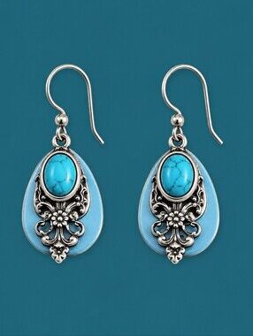 SILVER FOREST Teal Layered Filigree Teardrop Dangle Hook Earrings